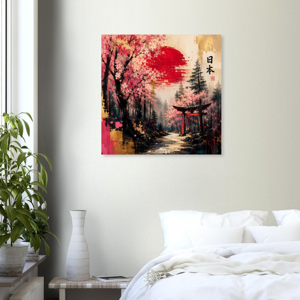 Quadratisches Poster mit roter Sonne, Kirschblüten, Torii und japanischer Schrift