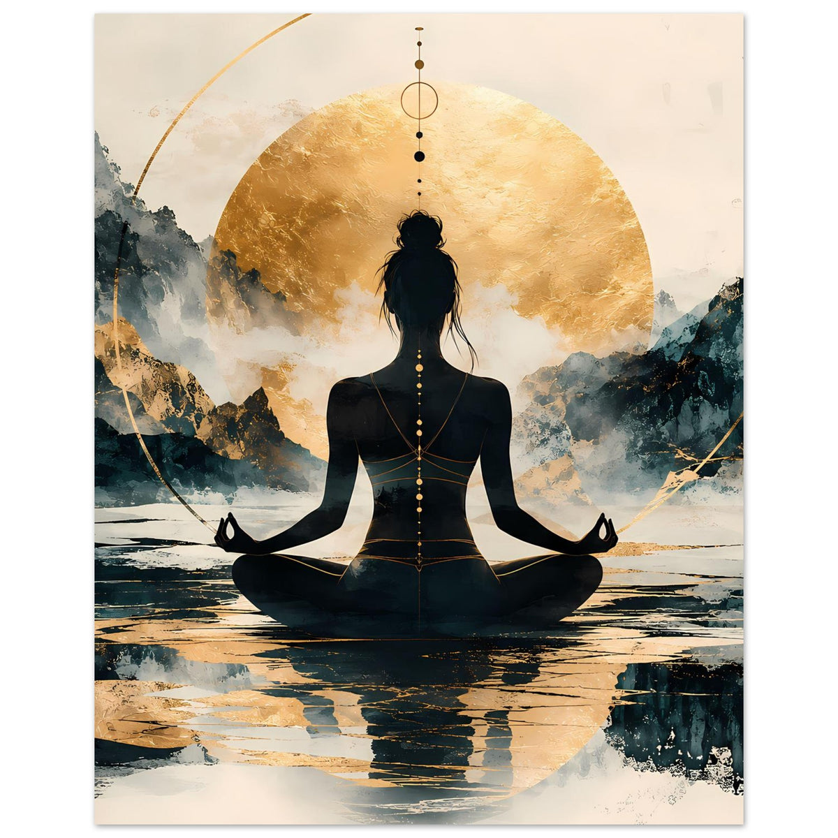 Hochformatiges Poster mit Meditationsfigur im Lotussitz und goldenem Lichtkreis