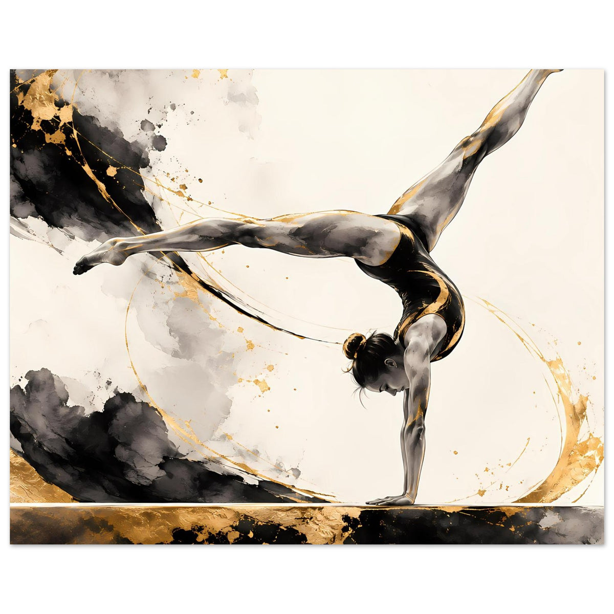 Turnerin im Handstand auf Gymnastikposter, schwarz-grau mit goldenen Farbspritzern