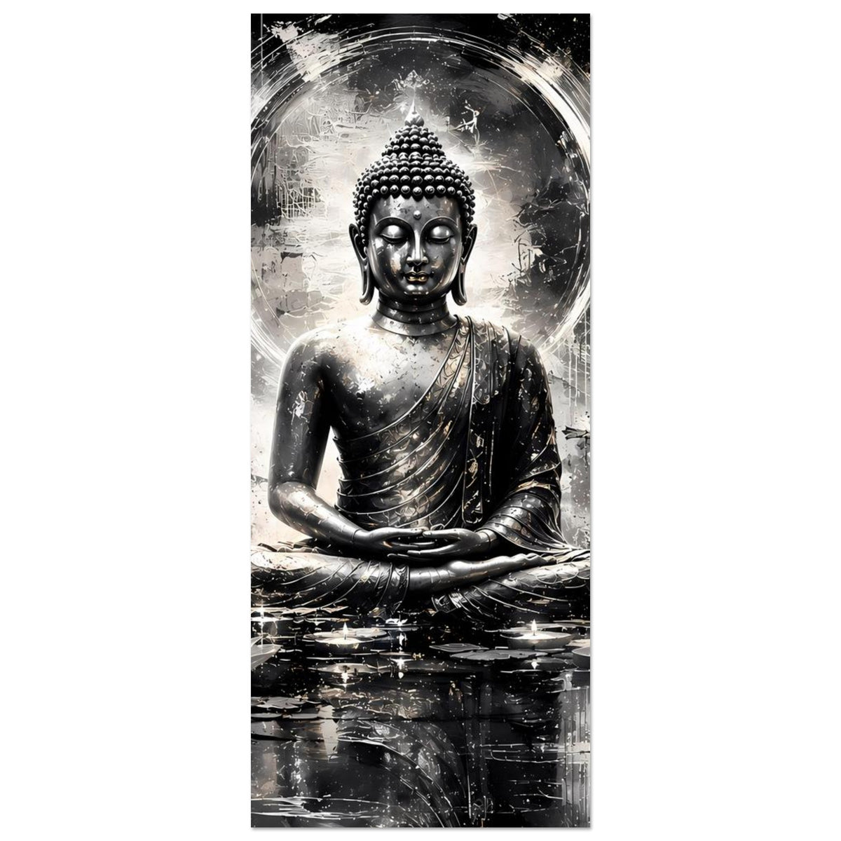Hochformatiges Schwarzweißes Buddha-Kunstposter, sitzender Buddha im Meditationssitz