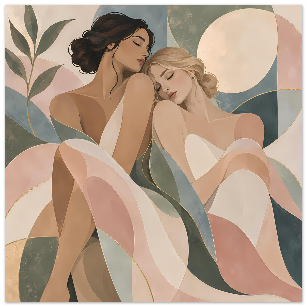 Kunstposter mit zwei Frauen in Pastellfarben, Art-nouveau Stil und goldenen Linien