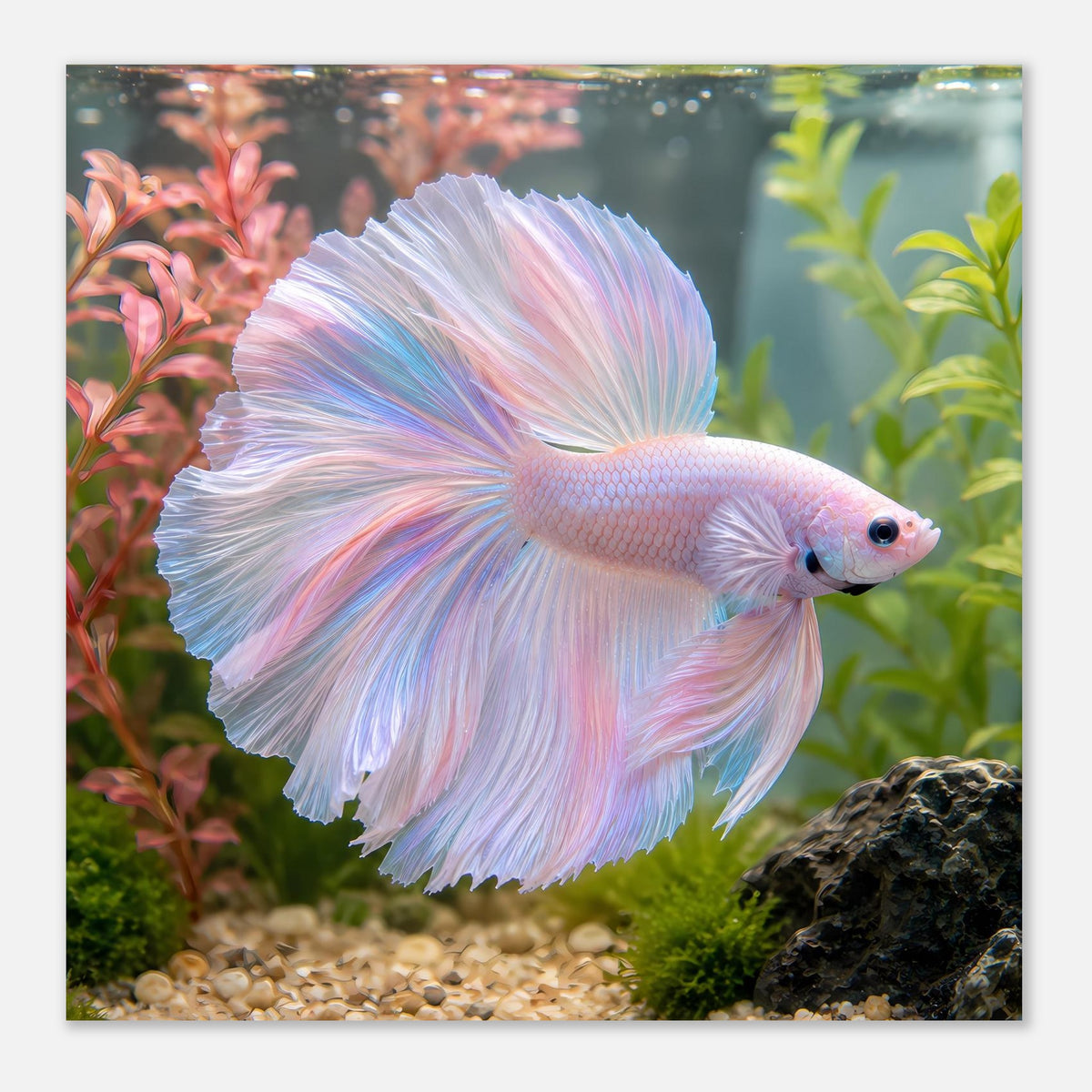 Poster mit Kampffisch Betta in Pastellfarben, Vorderansicht mit langen Flossen und Auge sichtbar