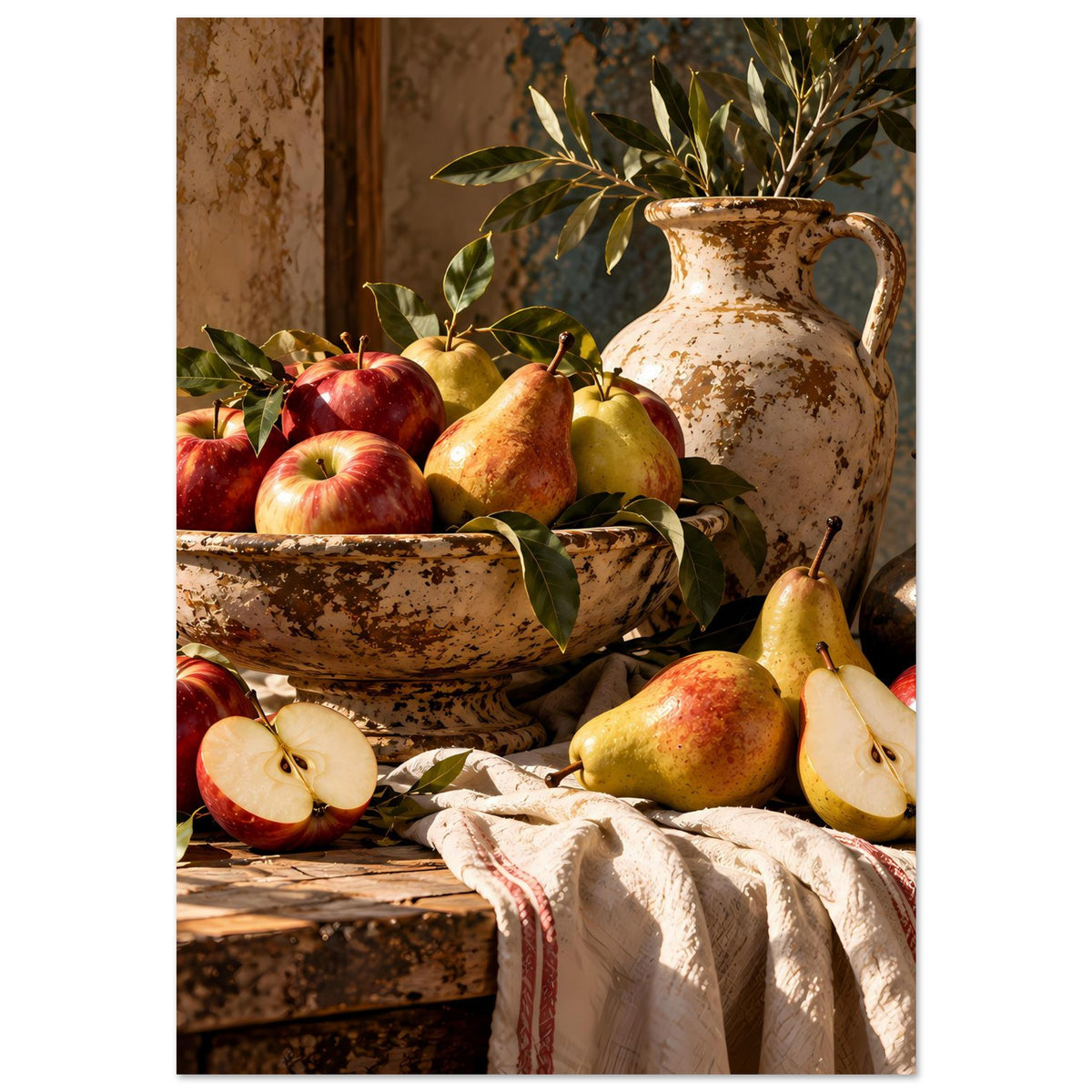 Herbstliches Stillleben-Poster mit Äpfeln, Birnen, Krug und Stofftuch im Schalenarrangement.