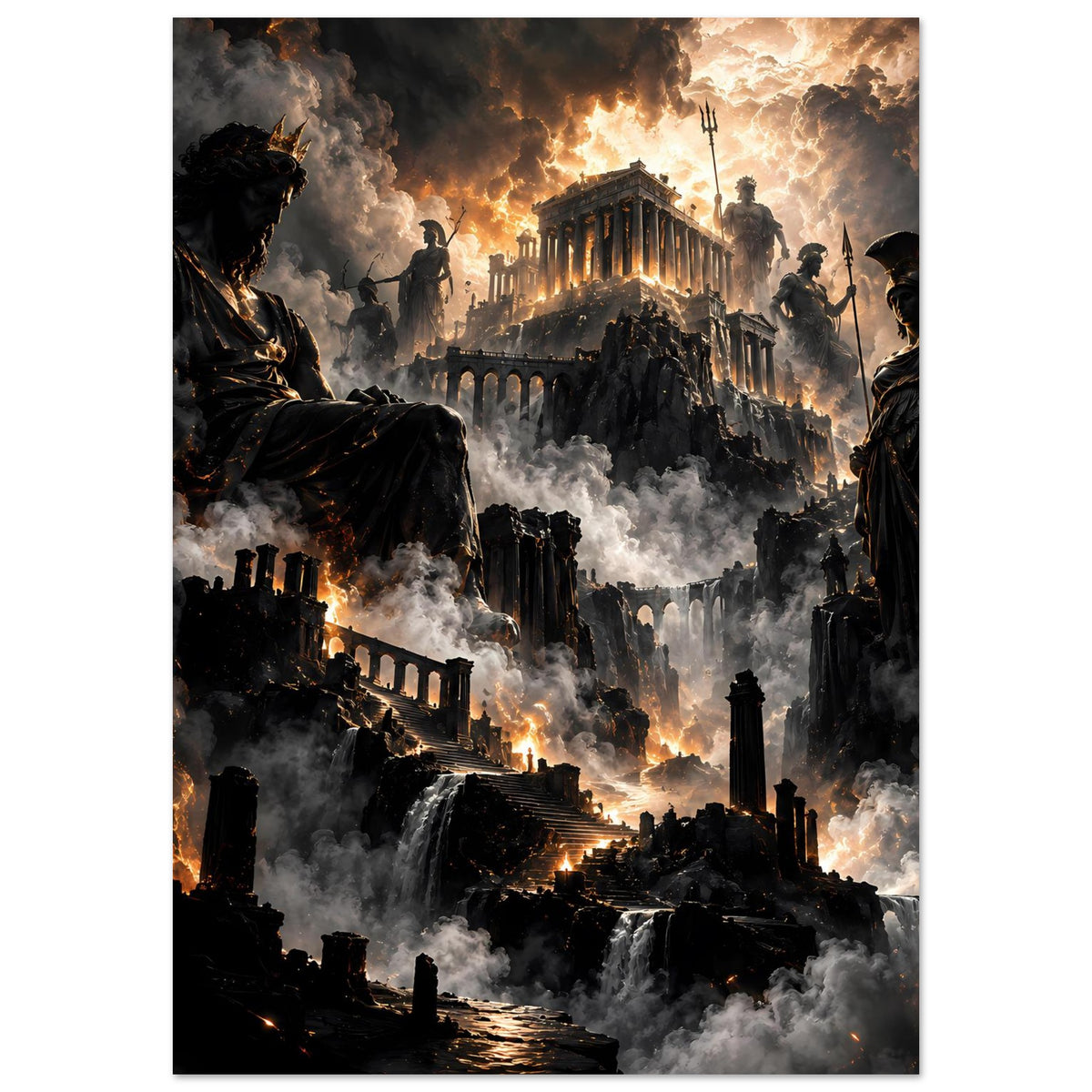 Fantasy-Poster im Hochformat mit brennendem Hintergrund, Ruinen und stehenden Kriegerfiguren