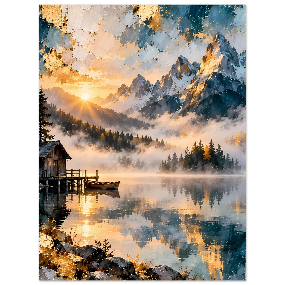 Vertikales Poster mit Bergsee, schneebedeckten Gipfeln, Sonnenaufgang und Spiegelung im Wasser