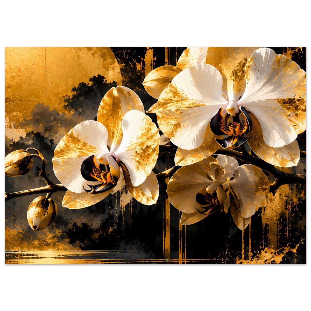 Breites Poster mit gold-weißen Orchideenblüten und dunklen Akzenten im Kunststil