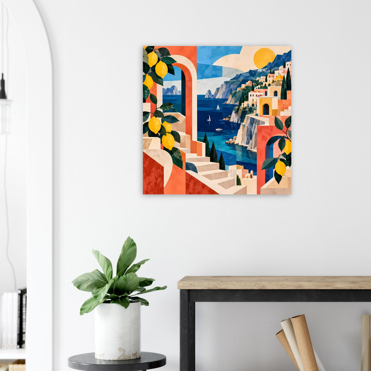 Deko-Poster mit Küstenweg, türkisblauem Wasser, Sonne am Himmel und Zitronenmotiv