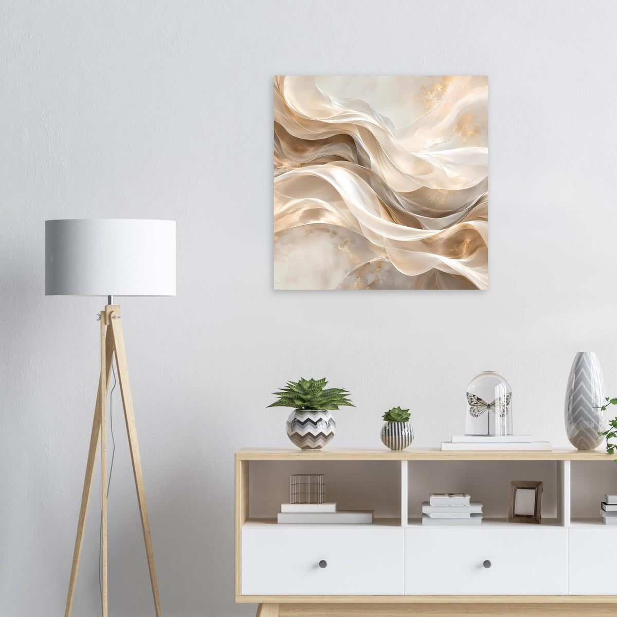Quadratisches abstraktes Leinwand-Poster mit gewellten Creme- und Goldbändern