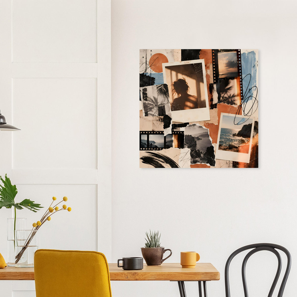 Wandposter mit Vintage-Fotomosaik: Polaroid-Frames, Filmstreifen und Farbflächen in warmen Kontrasten