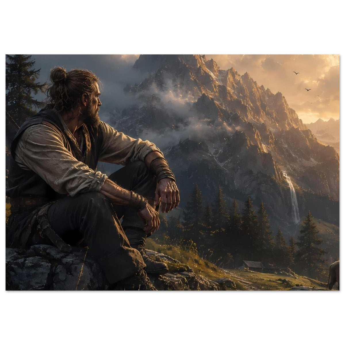 Poster mit Berglandschaft: Mann am Felsvorsprung, goldenes Himmelslicht, dramatische Gipfel