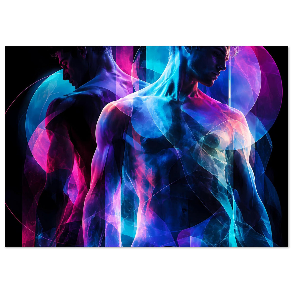 Neon-Kunstposter mit abstrakten zwei Silhouetten in Blau und Pink, leuchtende Linien