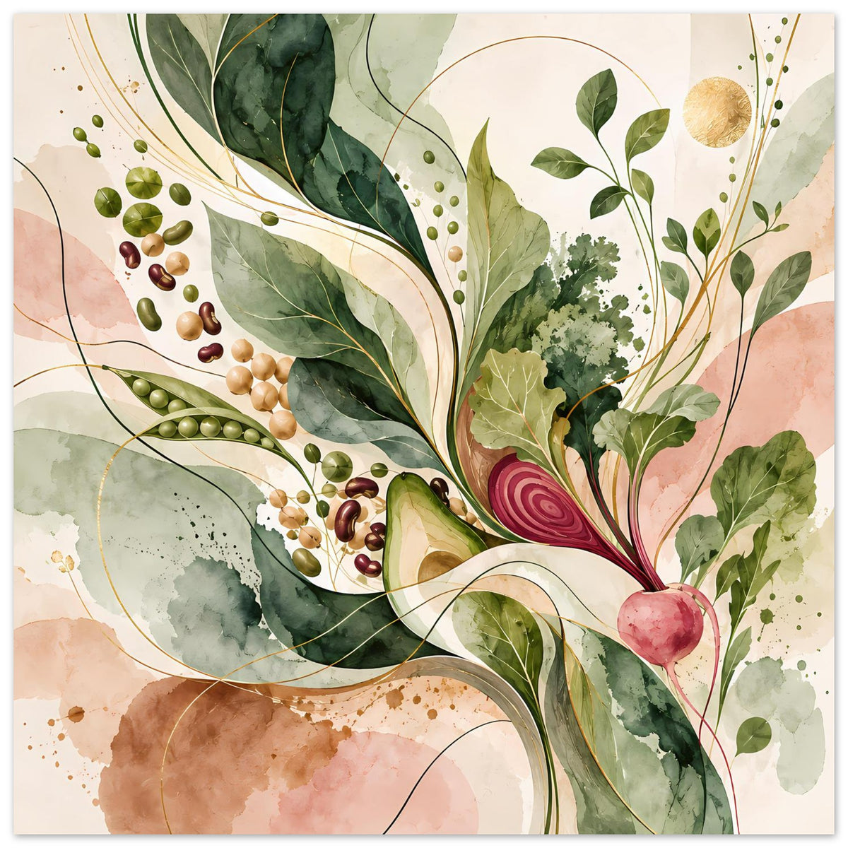 Naturposter mit farbigen Pflanzenillustrationen, grünen Beeren, goldenen Punkten und roten Akzenten