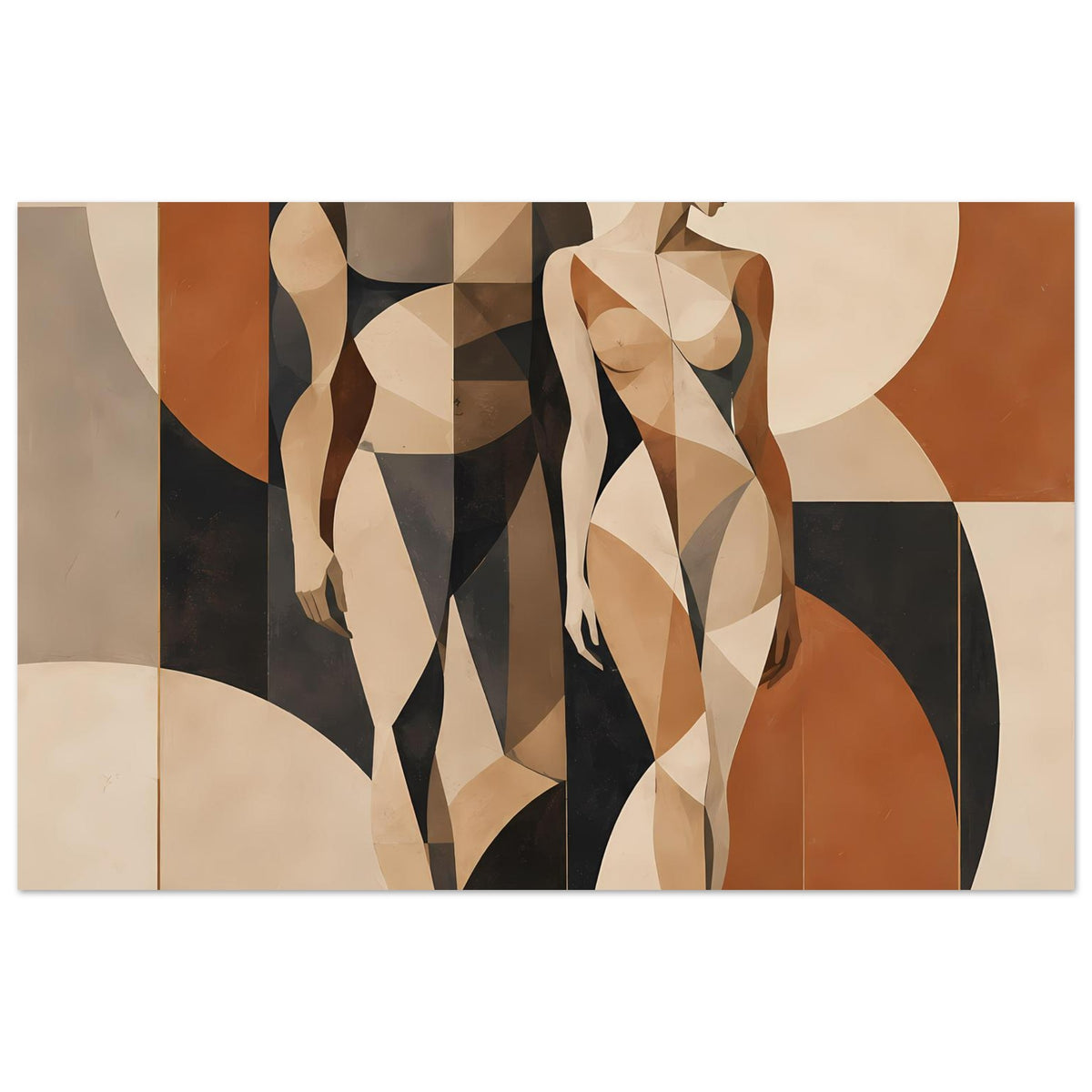 Kunstdruck mit geometrischen Aktfiguren eines Paares im Cubist-Stil in Erdtönen
