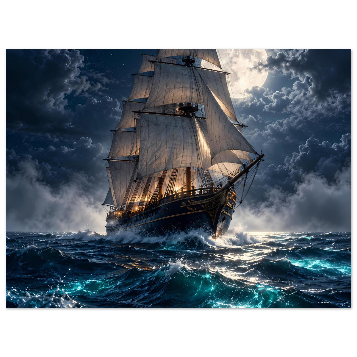 Querformat-Segelschiff-Poster mit Segeln, Vollmond und türkisblauen Wellen