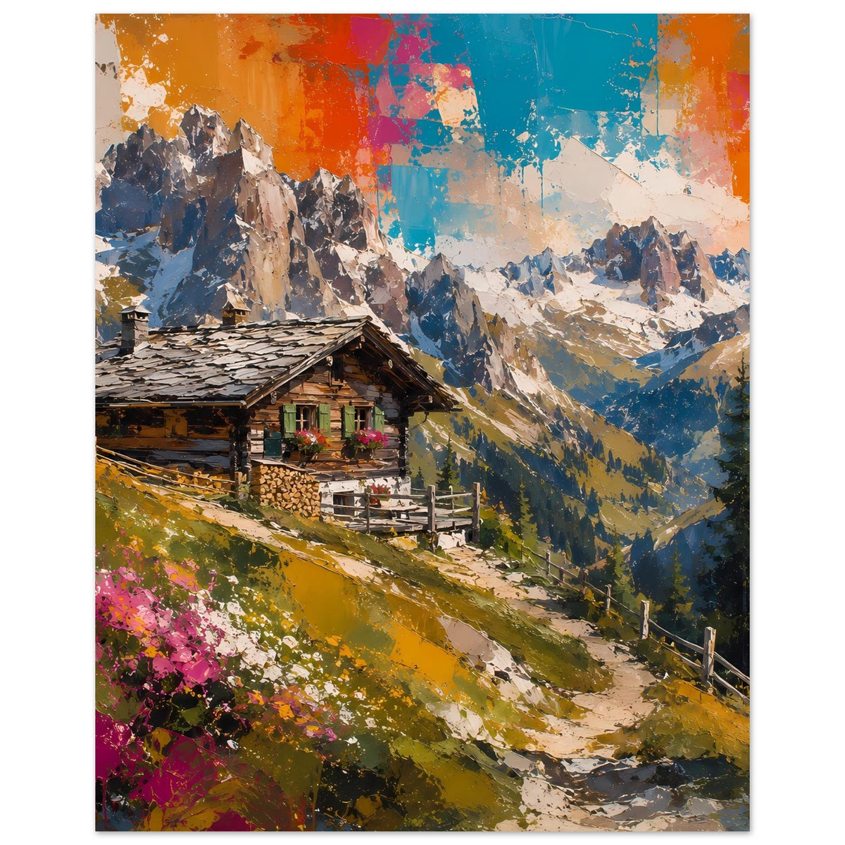 Poster im Hochformat: Alpenhütte am Hang, Berge und abstrakter Himmel in Orange/Blau
