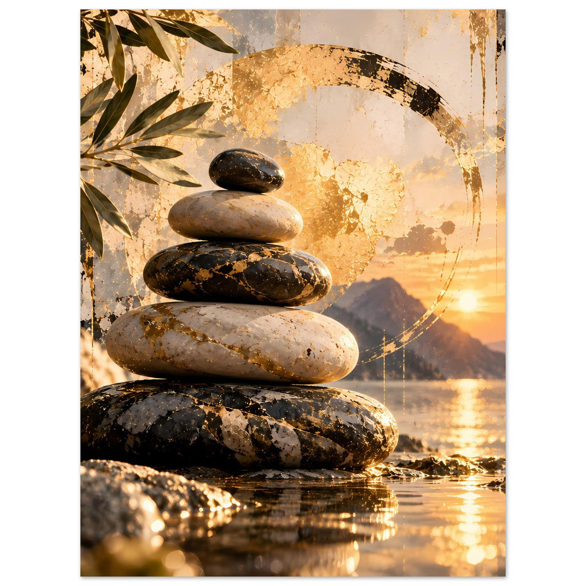 Zen-Poster mit Steinsäule, goldener Textur und Palmblättern links im Motiv