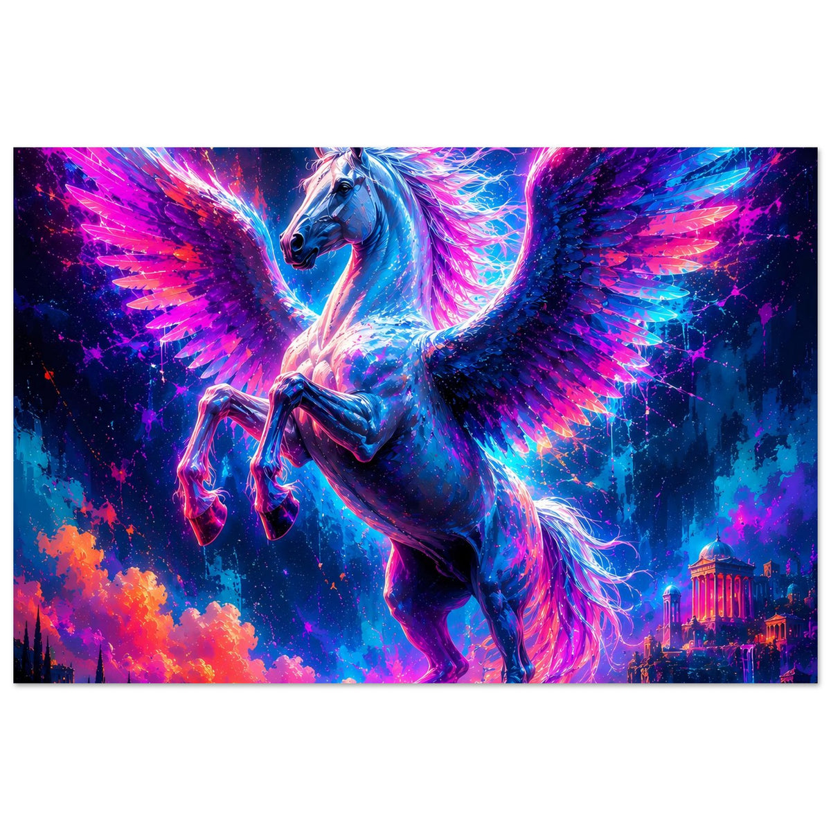 Leuchtendes Pegasus-Motivposter mit leuchtendem Sattelbereich und Flügeln in Neon
