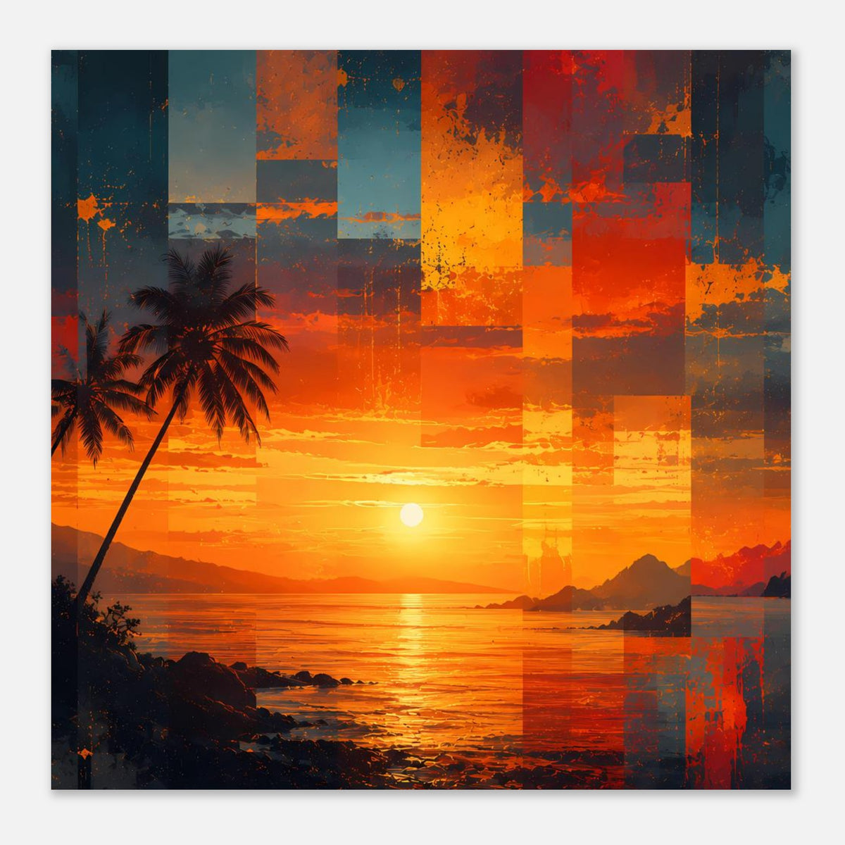 Kunstposter mit Sonnenuntergang über Meer, Palme links, Orange Patchwork-Optik