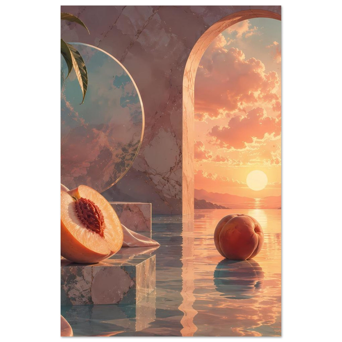 Poster: aufgeschnittener Pfirsich auf Block, orange Kugel und Sonnenuntergang hinter Rundbogen