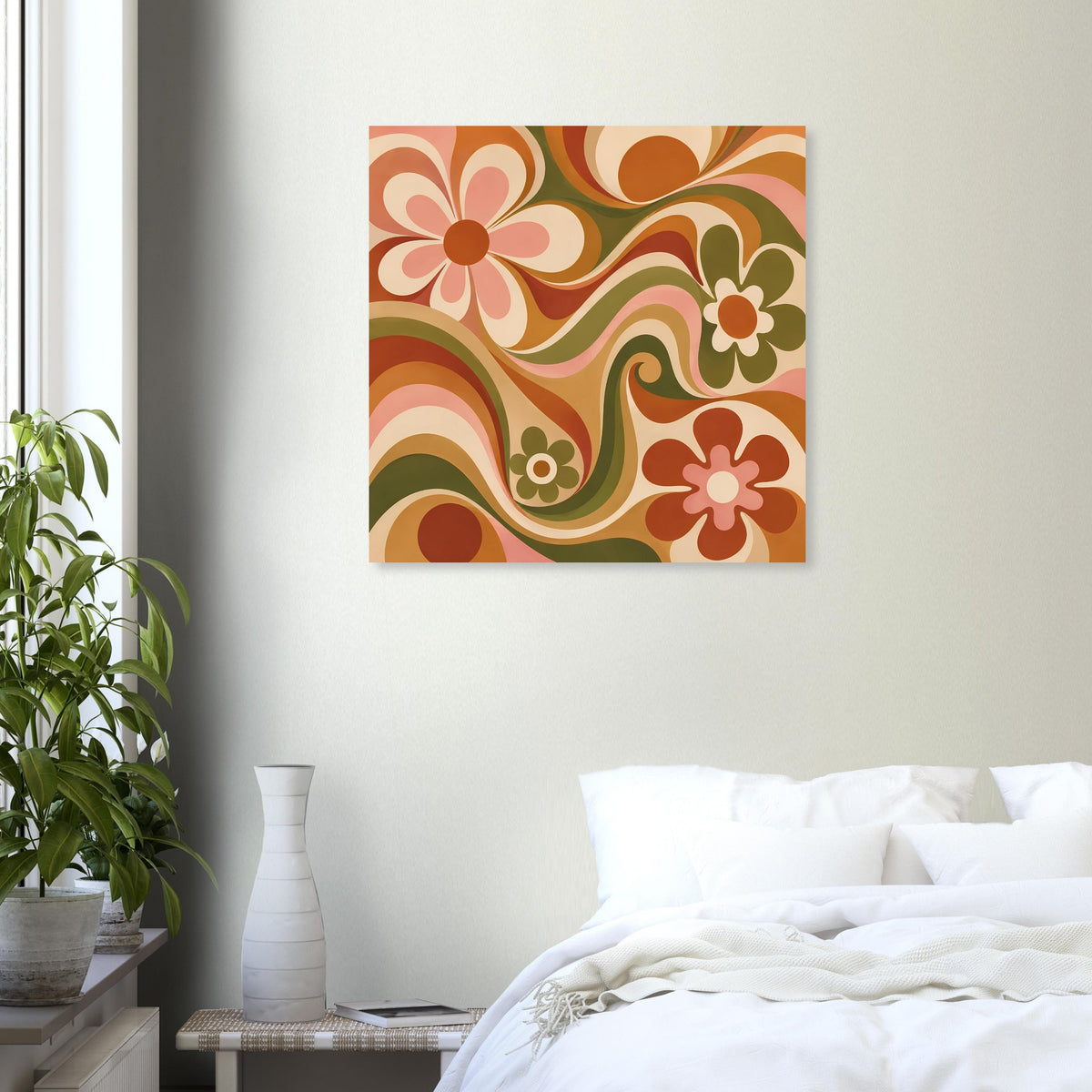 Florales Poster mit dekorativen Blüten und Linienwirbeln, Olivgrün und Orange, quadratisch
