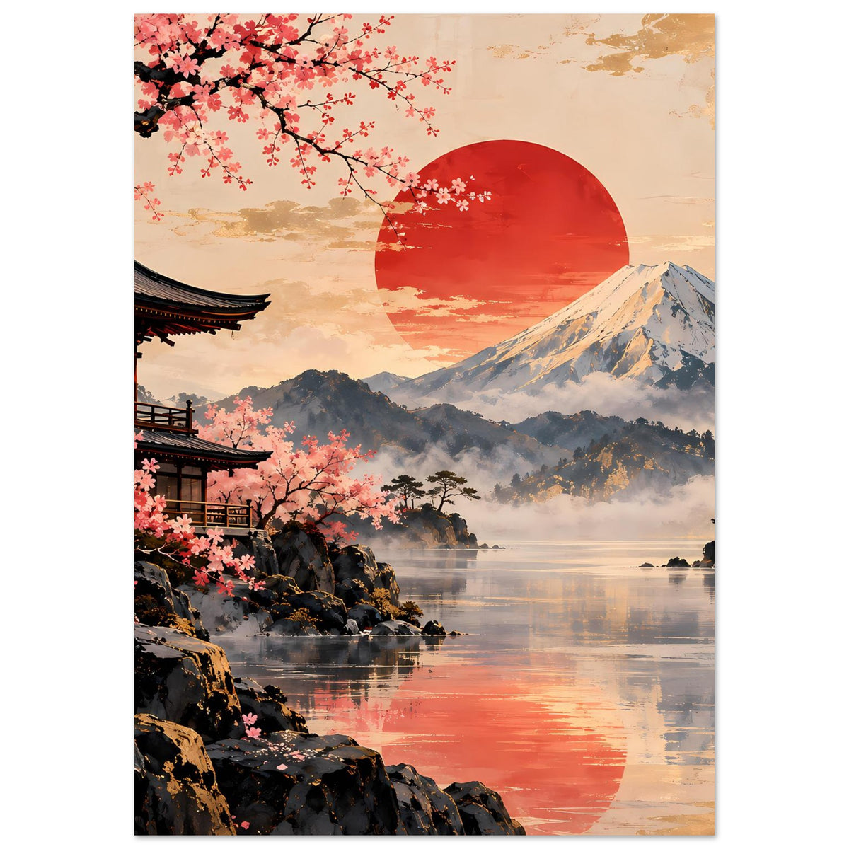 Poster im Hochformat: Tempel an Kirschblüten, Fuji-Berg, rote Sonne und ruhiges Wasser