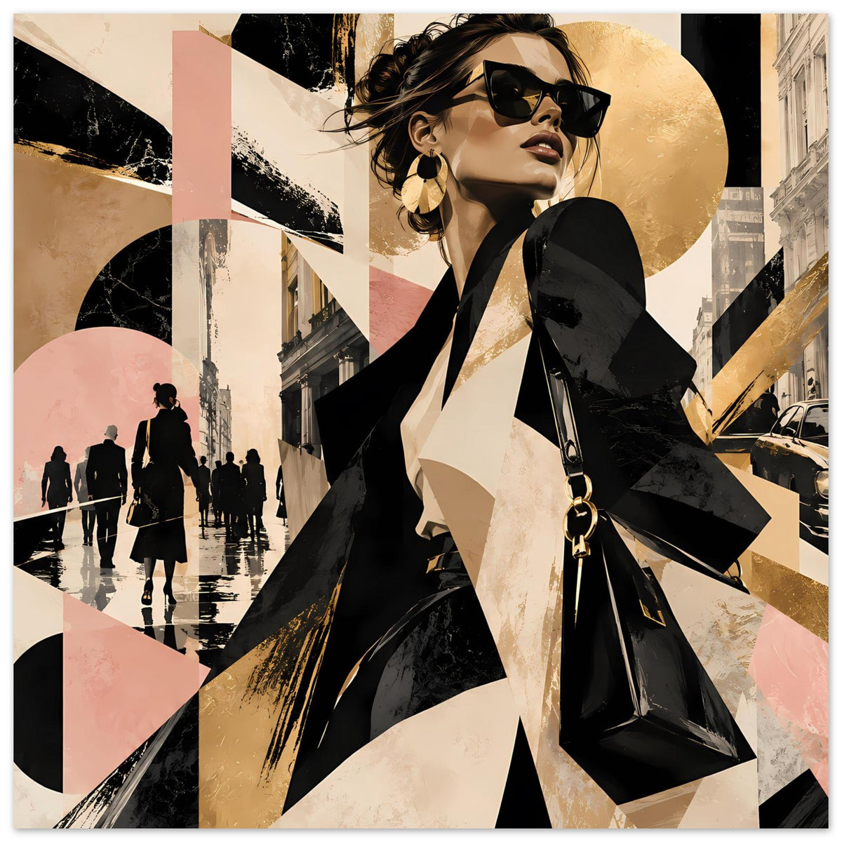 Wandposter mit Fashion-Motiv: Frau in Schwarz, Sonnenbrille und Handtasche mit Kette