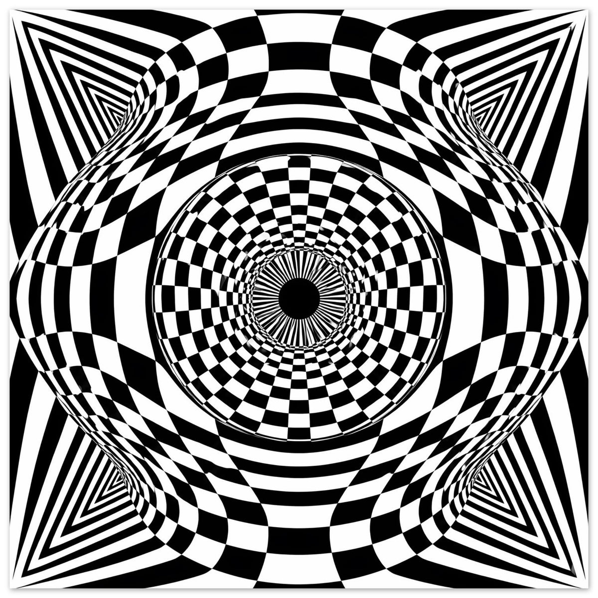 Quadratisches Poster in Schwarz-Weiß mit Schachbrettspirale und Kreiswellen