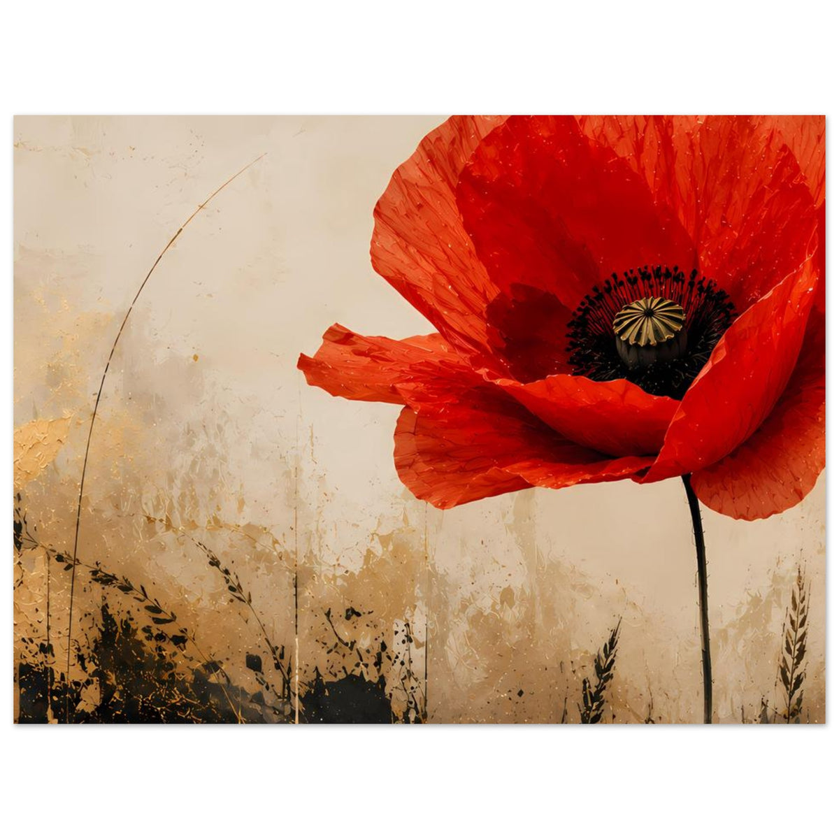 Poster mit roter Mohnblume, dunklem Zentrum und Stiel bis in den unteren Bildrand.