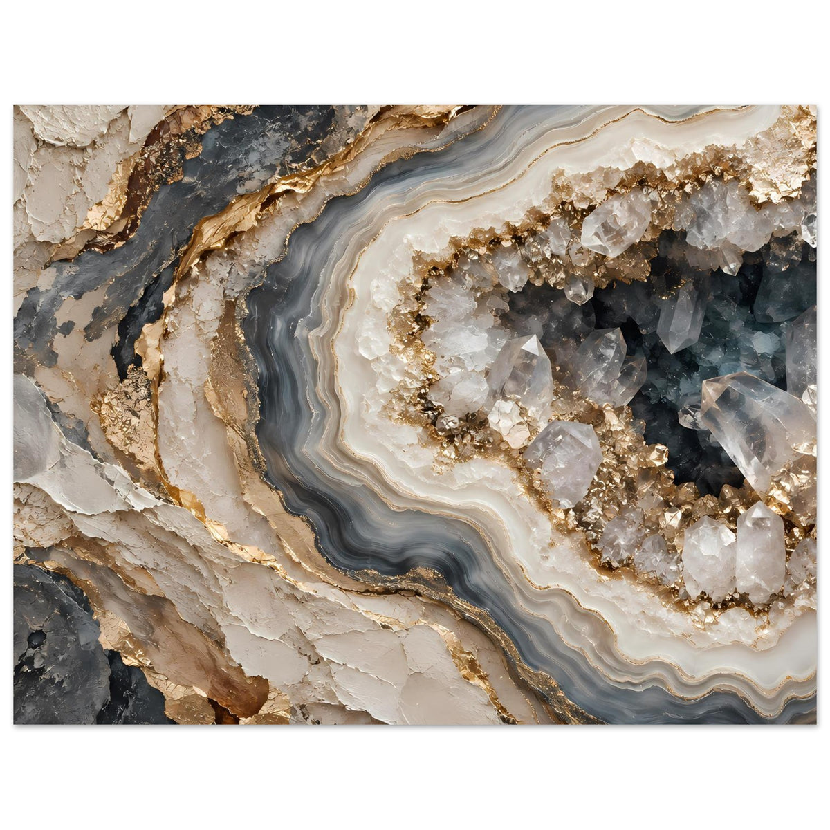 Poster mit Geoden-Schichten in Creme, Rauchgrau und Gold, horizontal, voller Rand