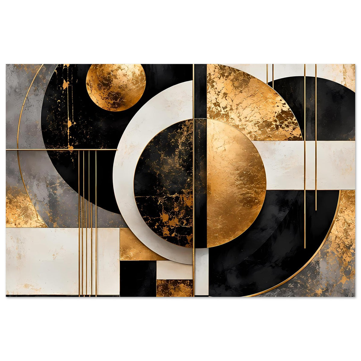 Abstraktes Poster mit goldenen Kreisformen und Linien in dunklen und cremefarbenen Flächen