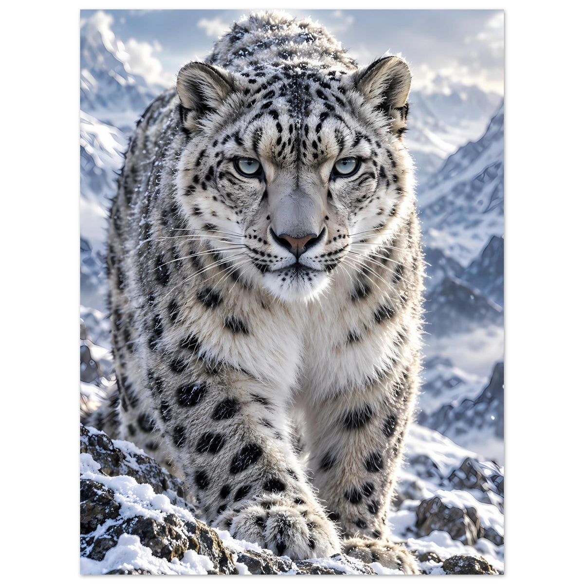 Poster mit Schneeleopard im Schnee, Nahaufnahme von Kopf und Vorderpfoten