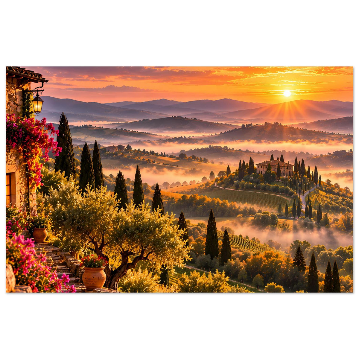 Wandposter mit warmem toskanischem Sonnenuntergang, Zypressen, Olivenbäumen und Blumenbeet links