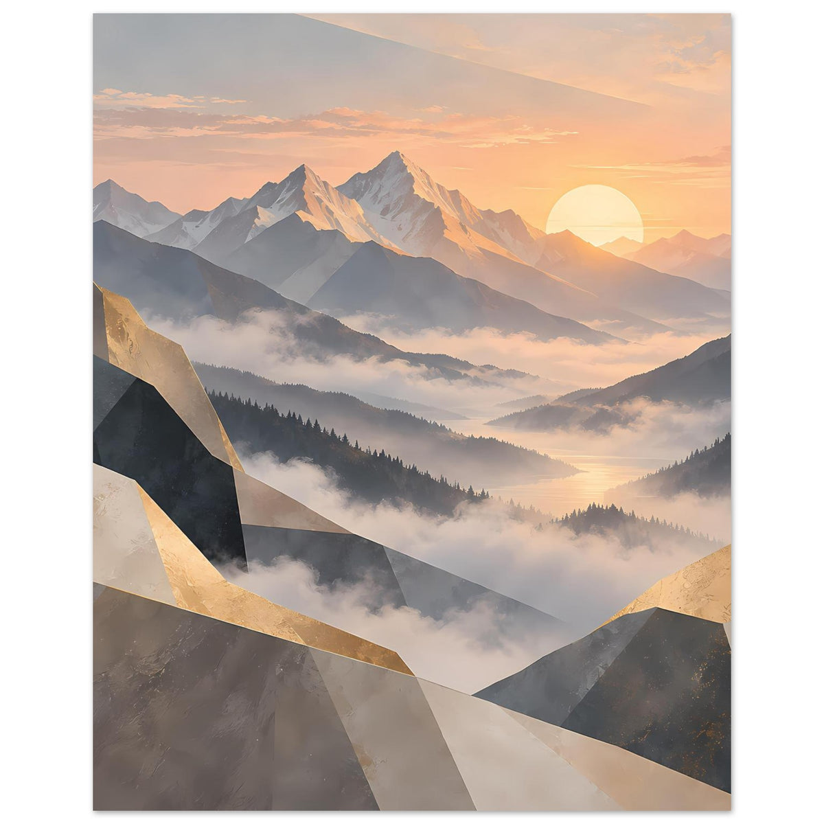 Vertikales Poster mit nebligen Bergen, warmem Sonnenaufgang und goldfarbenen Akzentflächen