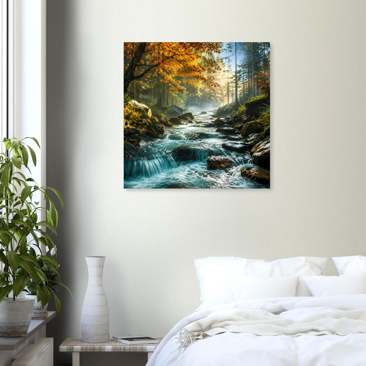 Poster mit Stromschnellen im Wald, orangefarbenes Laub, türkisblaues Wasser und Nebel