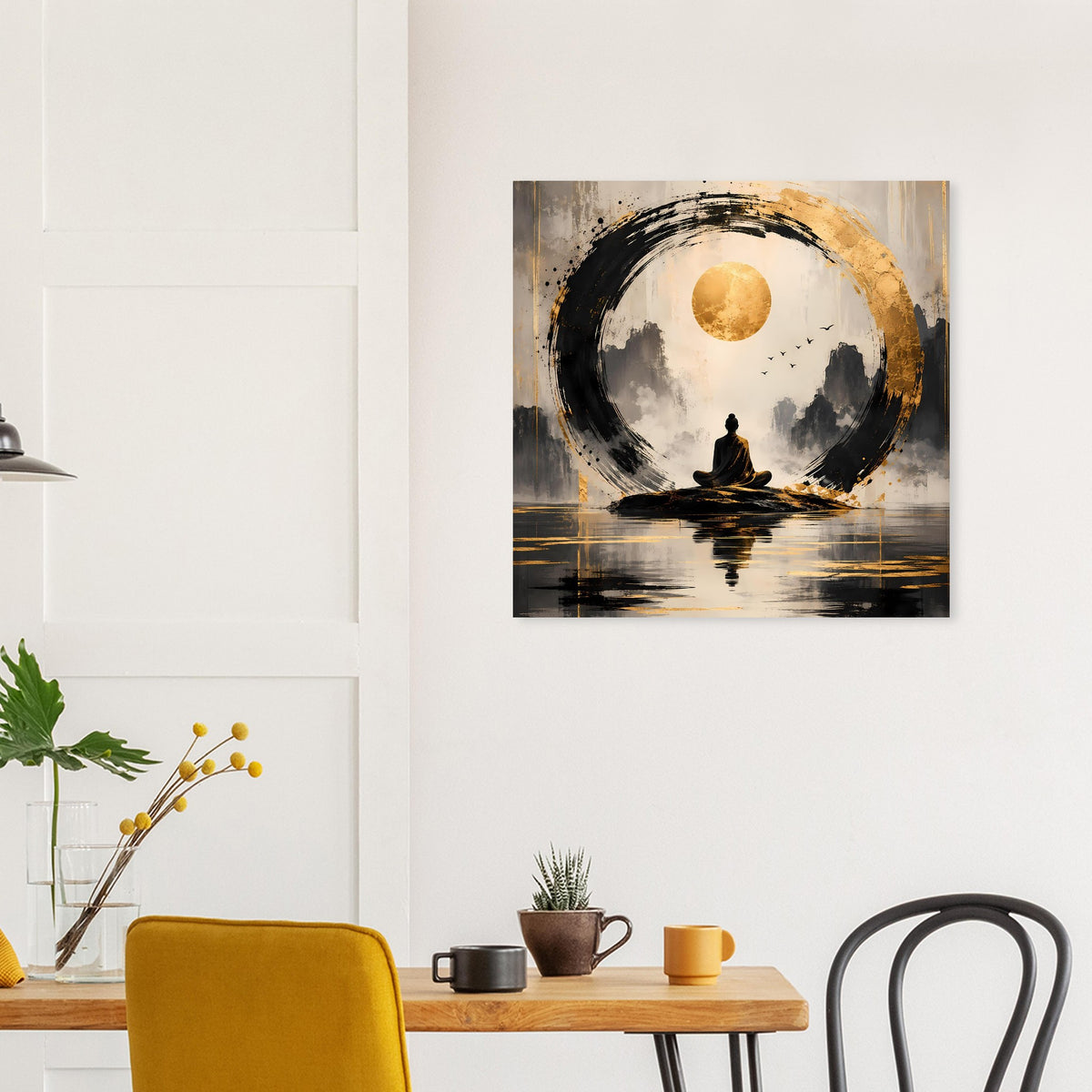 Zen-Meditationsposter über Holzablage: goldene Mondscheibe im schwarzen Pinselkreis, ruhiges Wasser