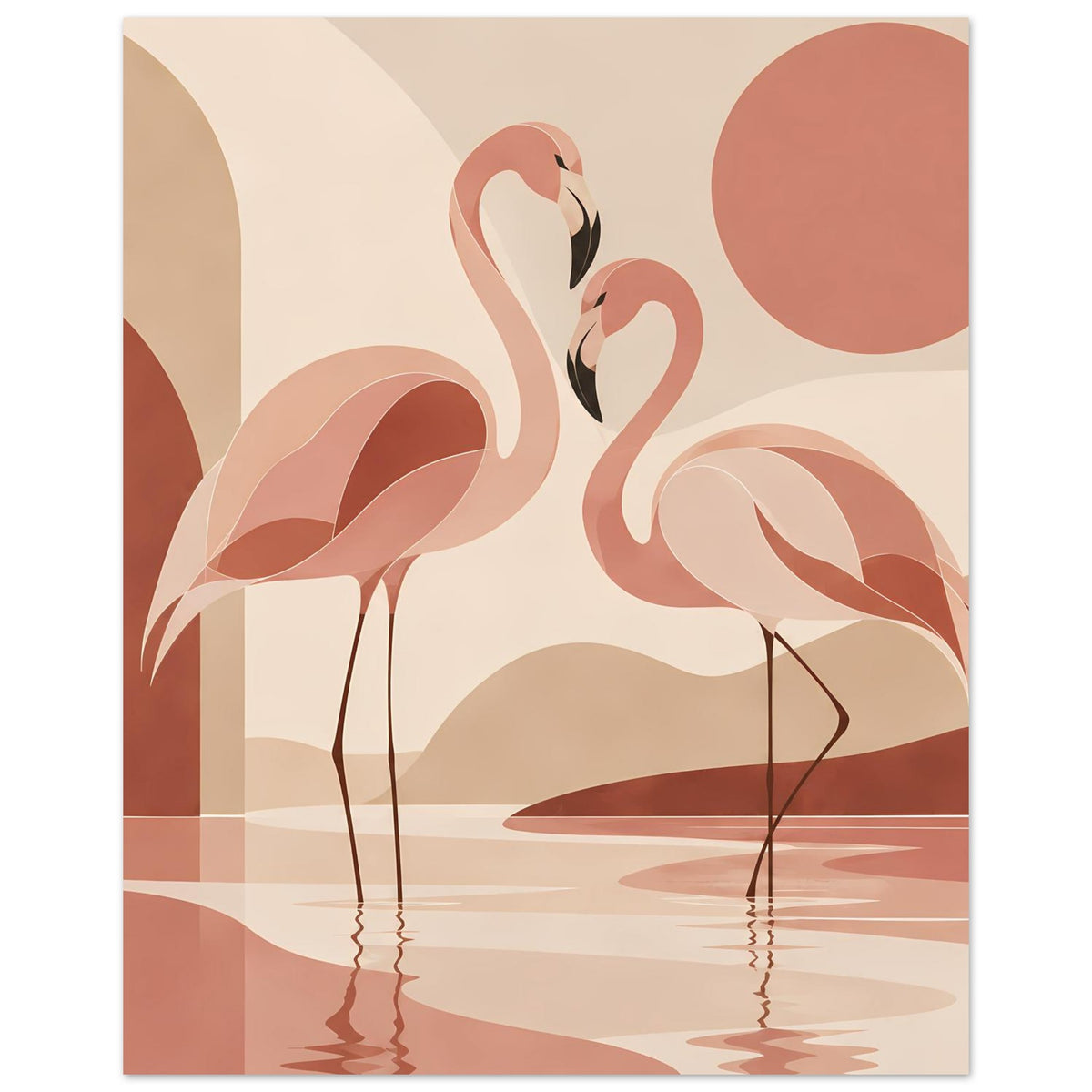Naturposter mit zwei Flamingos, Boho-Komposition mit warmen Pastellflächen