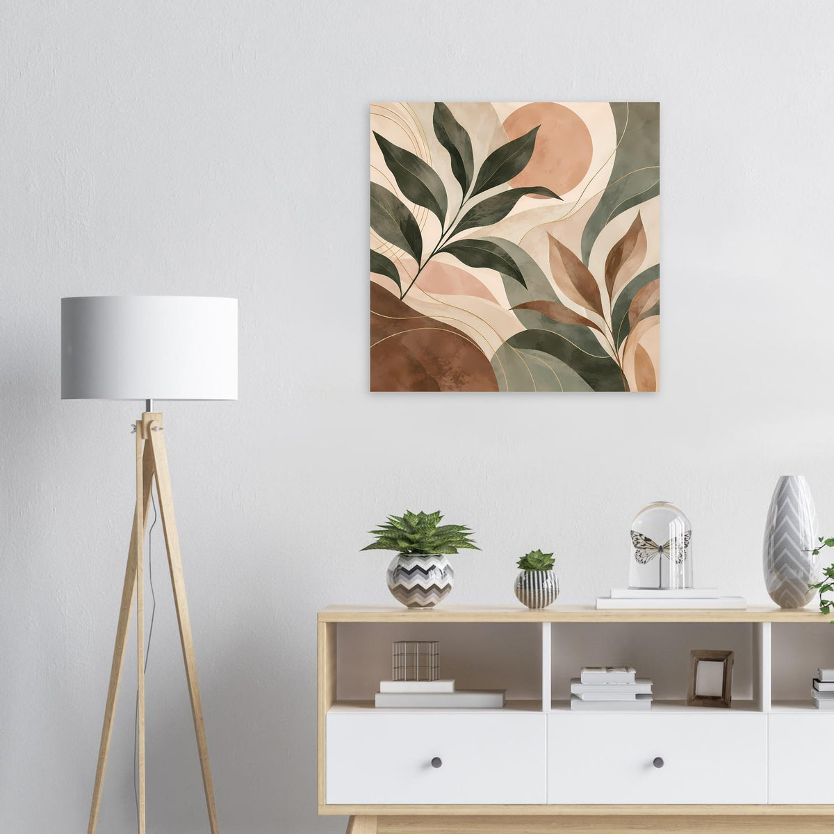 Quadratisches Kunstposter mit abstrakten Blattformen in Grün, Beige und Terrakotta