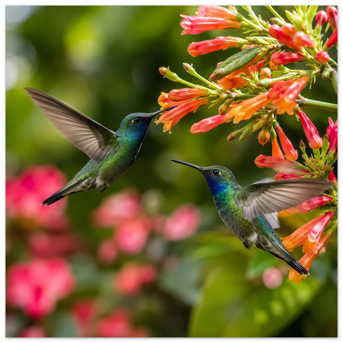 Posterdruck im Querformat: zwei blaue Kolibris im Flug an orangefarbenen Blüten