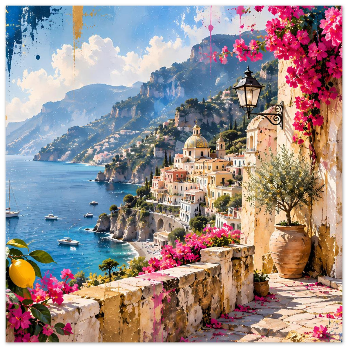 Posteransicht: mediterrane Küste mit Zitronen, pinken Blüten, Laterne und Tongefäß