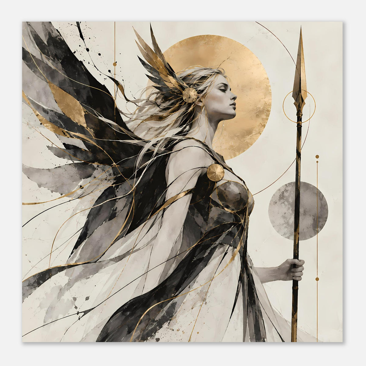 Horizontales Kunstposter, seitliches Kriegerinnenporträt, schwarze Federkonturen, goldene Akzentlinien