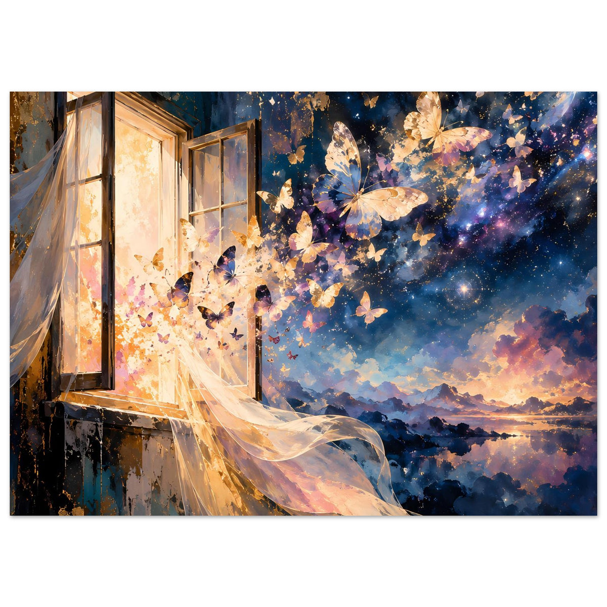 Querformat-Kunstposter: Schmetterlinge im Sternenhimmel, offenes Fenster und Schleier