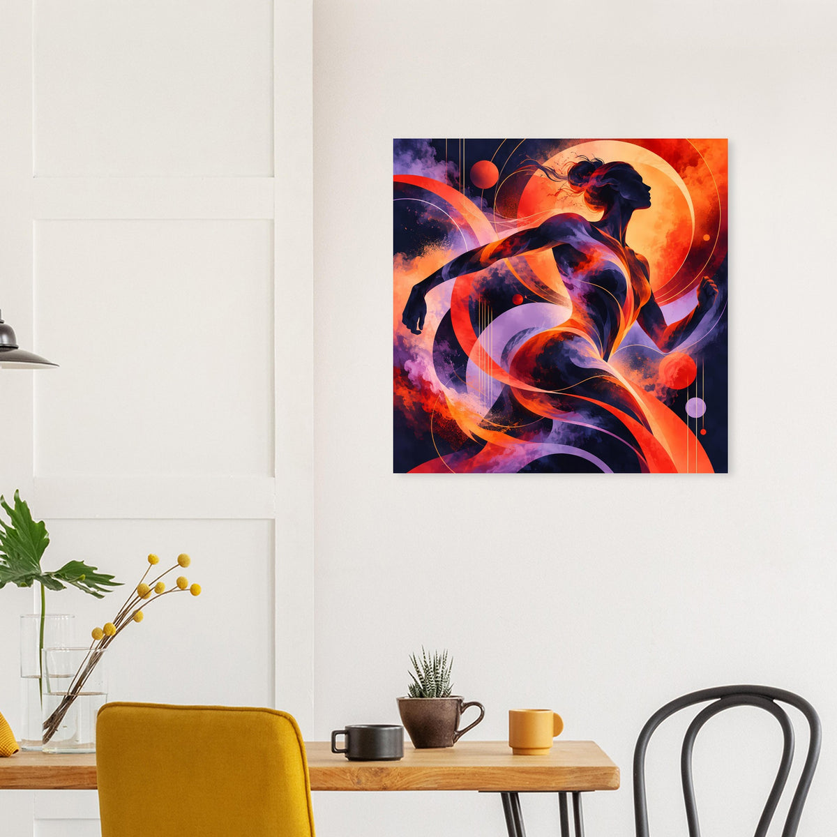 Quadratisches Poster mit Silhouette einer Läuferin in kräftigen Orange- und Dunkelblau-Tönen