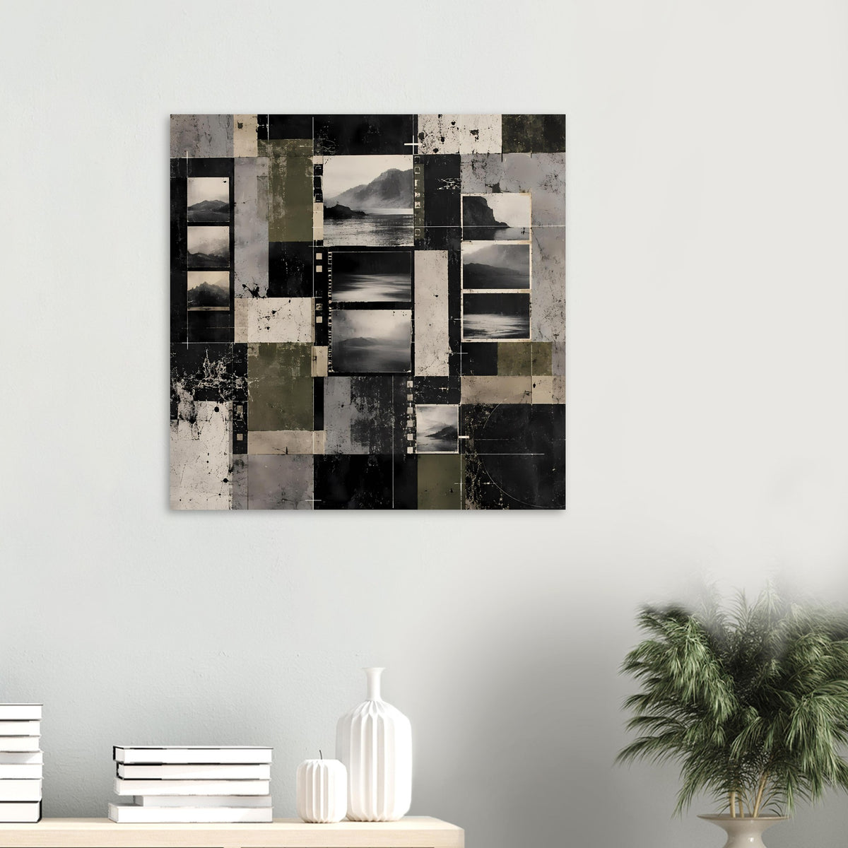 Abstraktes Landschafts-Poster im Querformat, klein: Schwarz-Grau-Oliv mit hellen Rahmenflächen
