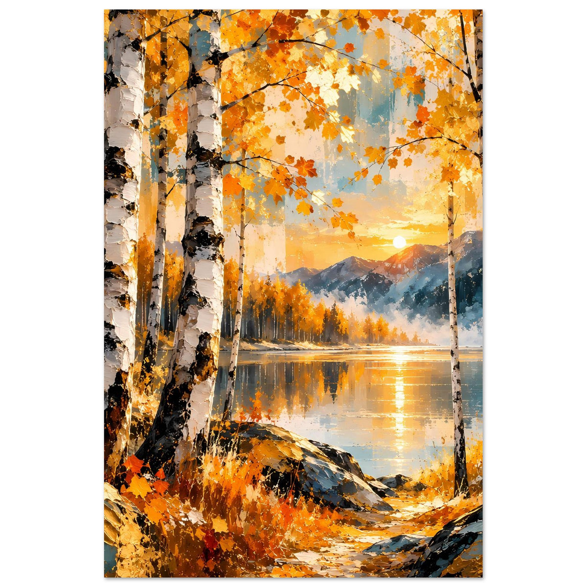 Herbstlandschafts-Poster im Hochformat: Birkenallee, See und orangefarbene Abendsonne