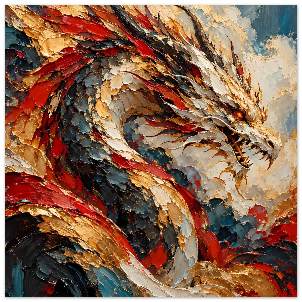 Fantasy-Poster Feuerdrache großformatig, Kopf rechts, Flügel mit rotgoldenen Federkanten