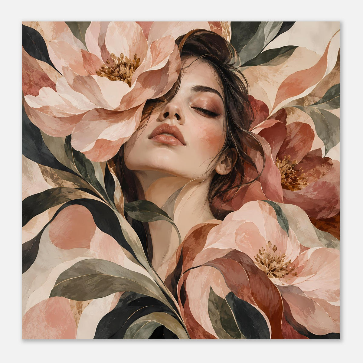 Poster im Querformat mit Blumenportrait, große Blüten und Blätter in Rosa, Beige und Grün.