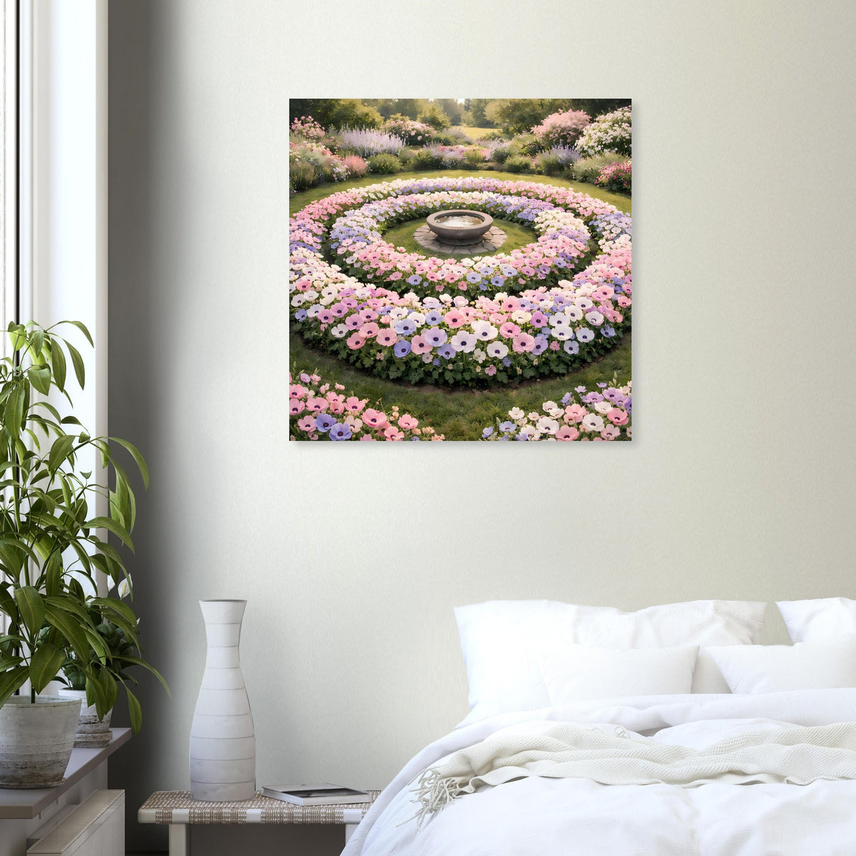Quadratisches Wandposter mit kreisförmigem Blumenarrangement in Pastellrosa und Veilchentönen