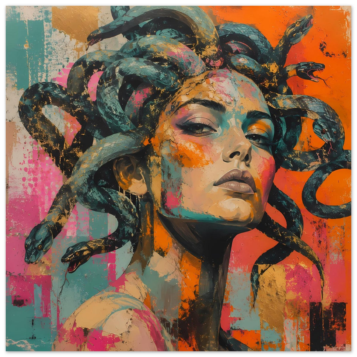 Poster mit Medusa im Kunstlook, Schlangenhaar mit bunten Akzenten, kräftige Orange- und Pinktöne