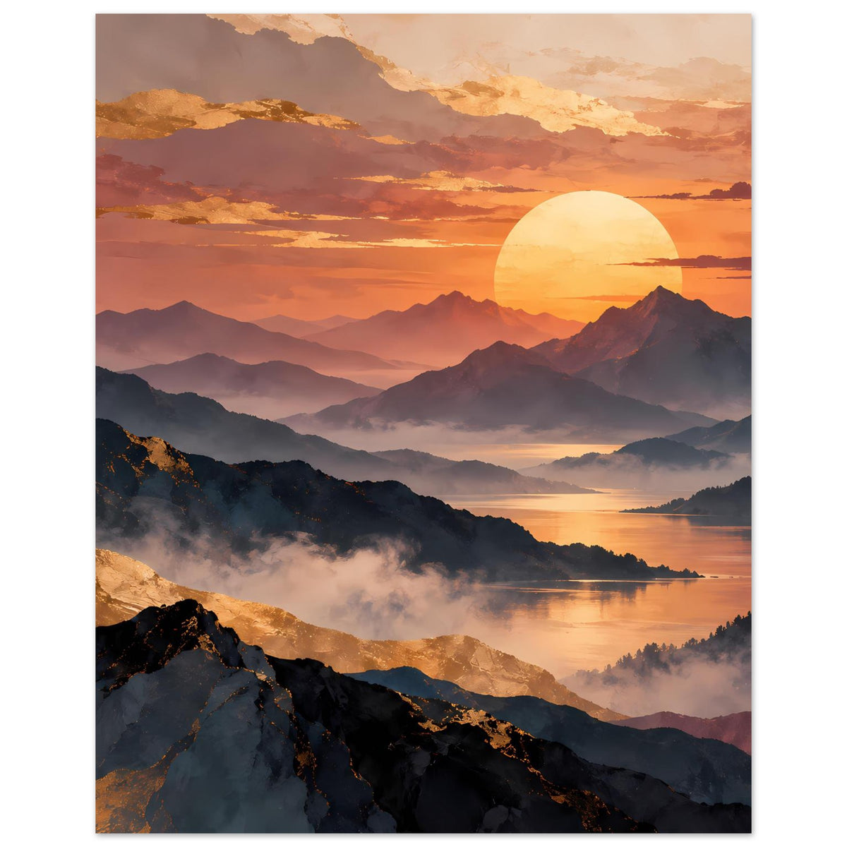 Gerahmtes Sonnenuntergangsposter mit Bergen, großer gelber Sonne über dem Tal, vertikal