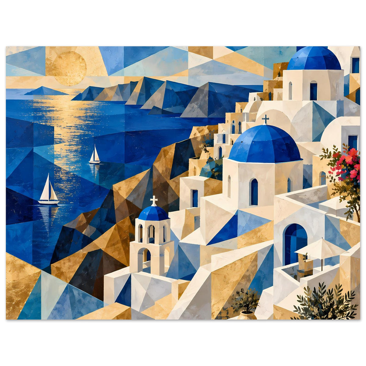 Geometrisches Poster: Küstenblick mit blauem Meer, Segelbooten, weißen Häusern und Blumen